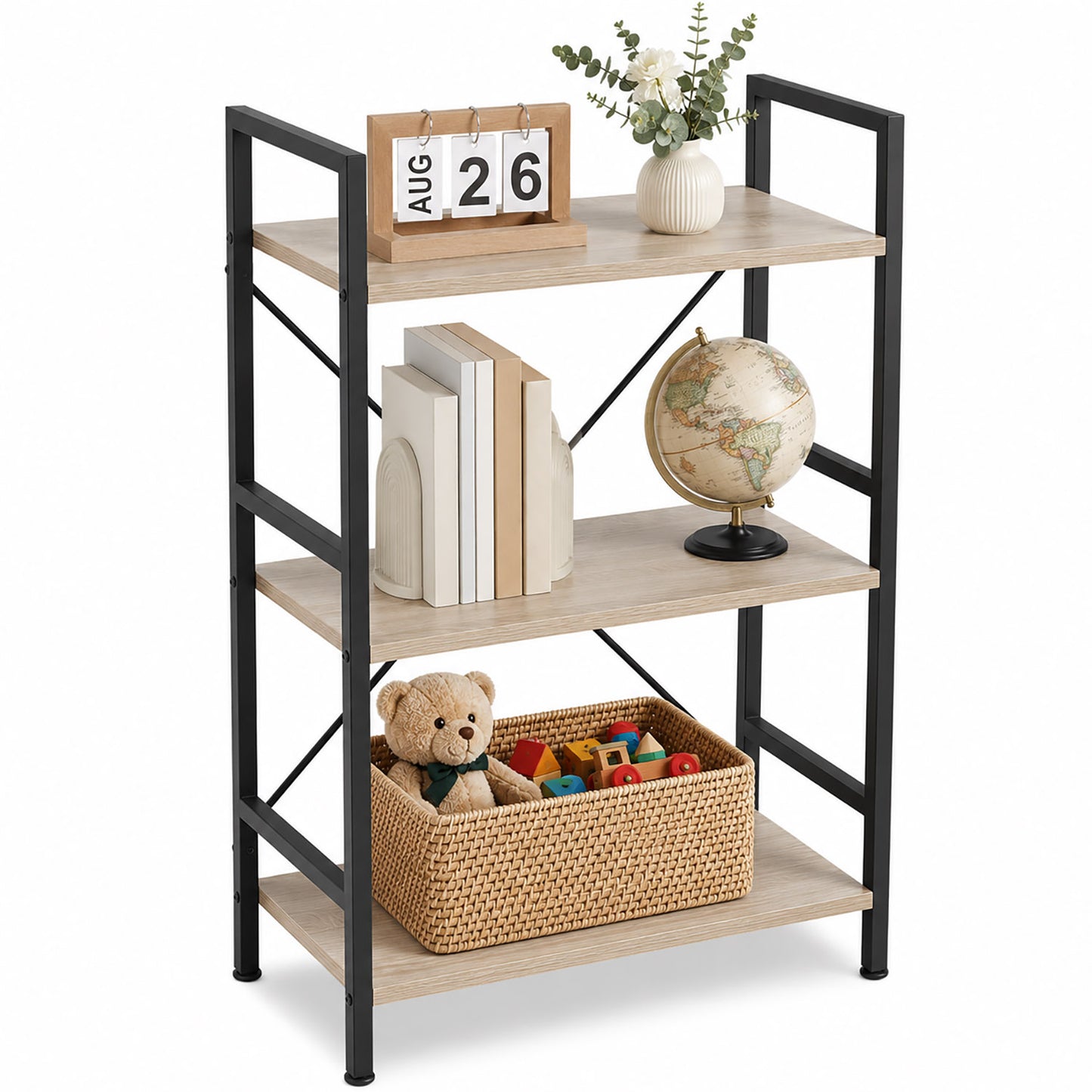 3-Tier Heavy Duty Wood Steel Bookshelf Storage Shelf Organizer (Coastal Oak)