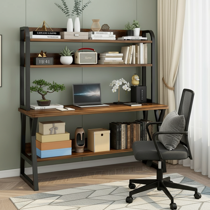 Large Industrial Office Desk Computer Table with Bookshelf Rustic Wood
