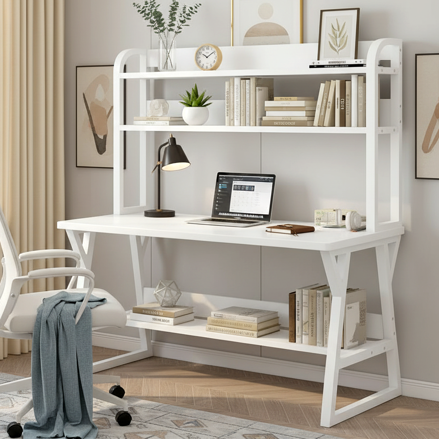 Large Industrial Office Desk Computer Table with Bookshelf White
