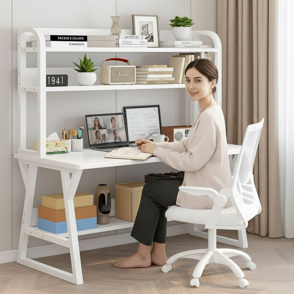 Large Industrial Office Desk Computer Table with Bookshelf White