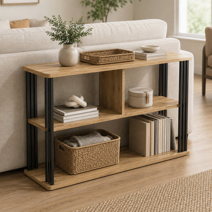 Stylish Oak Wood and Steel Sofa Side Table with Shelves