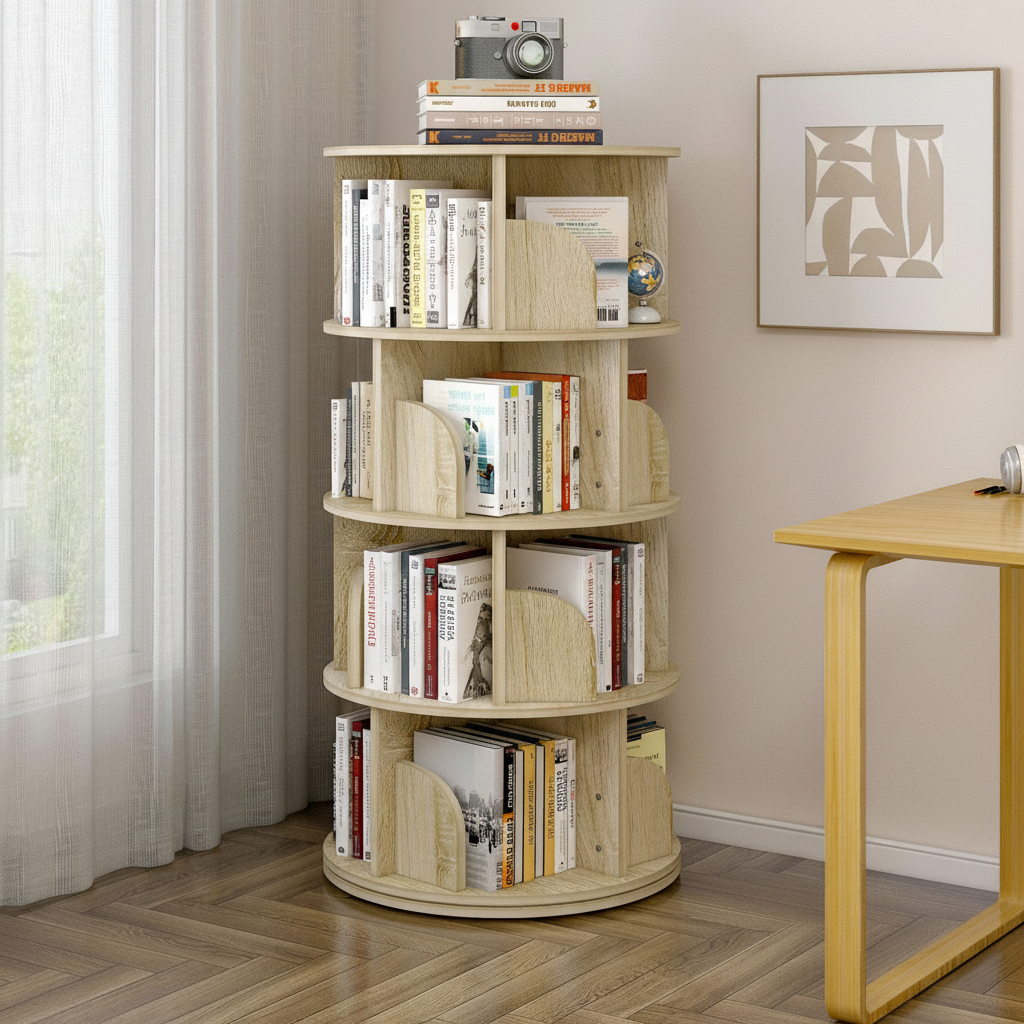 4 Tier 360-Degree Rotating Display Shelf Bookcase Organizer Coastal Oak