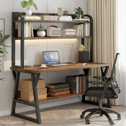 Large Industrial Office Desk Computer Table with Bookshelf Rustic Wood