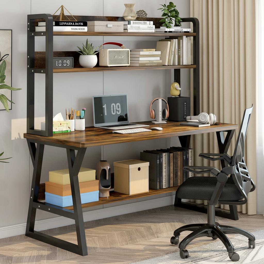 Large Industrial Office Desk Computer Table with Bookshelf Rustic Wood