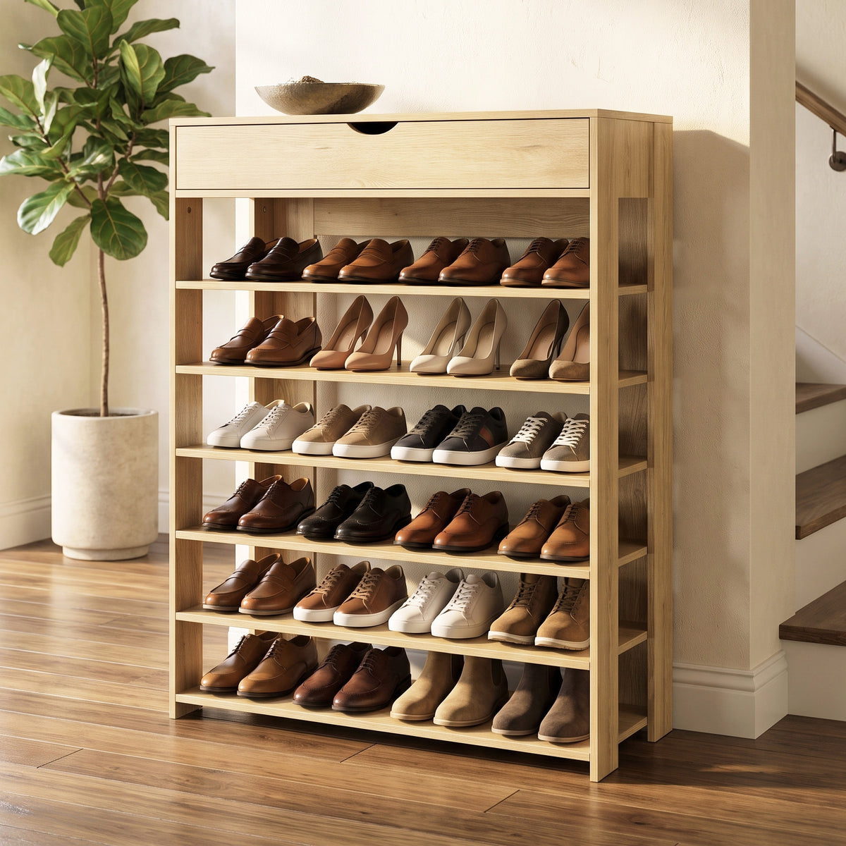 7-Tier Extra-Spacious Wooden Shoe Rack Organizer Shelf Cabinet - Natural Oak