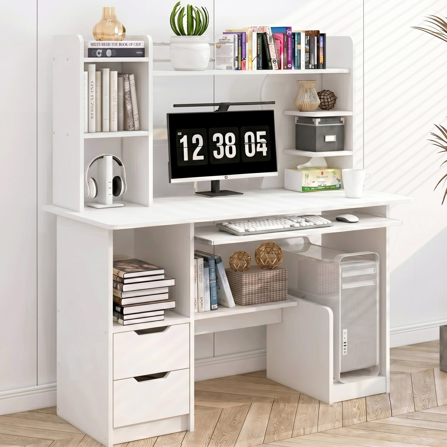 Stylish Computer Desk Home Office Workstation with Shelf and Cabinet White