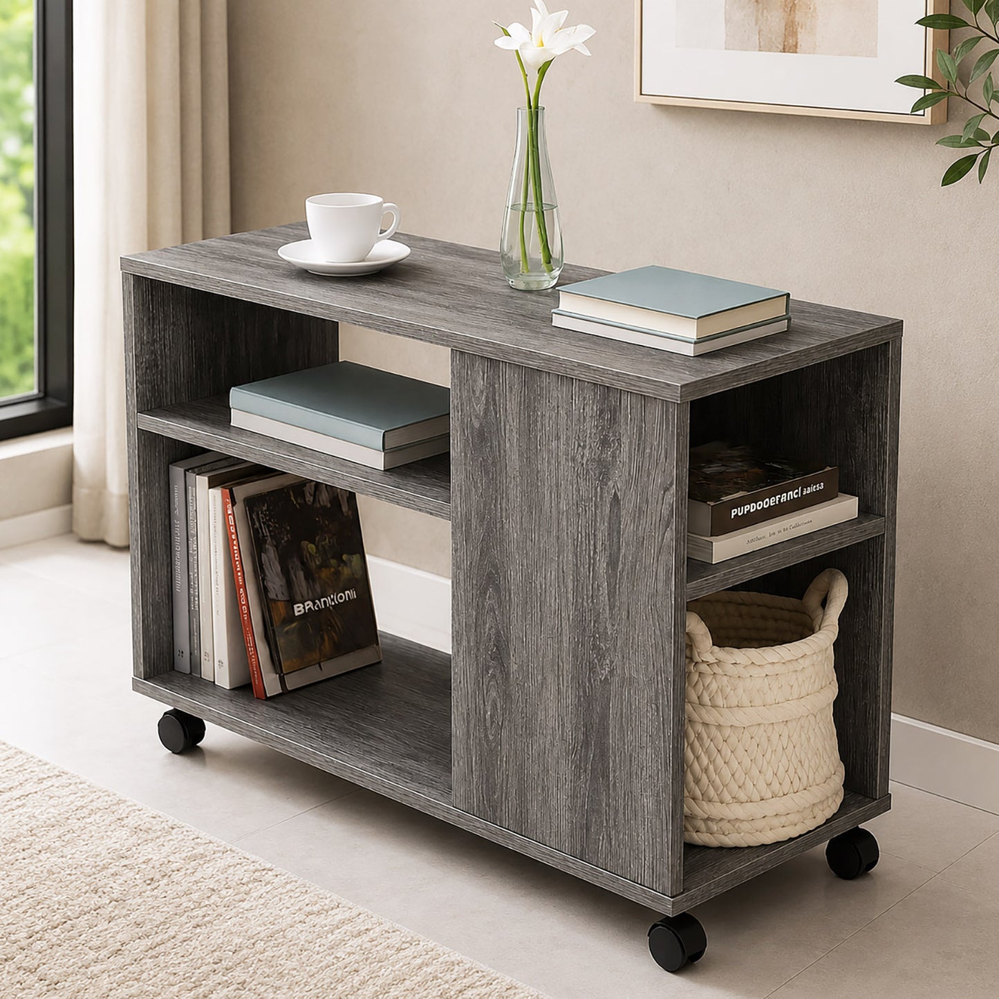Versatile Rolling Sofa Side Table with Magazine Shelf Rustic Grey