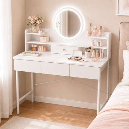 Large LED Mirror White Makeup Vanity Dressing Table Drawers & Storage Shelves