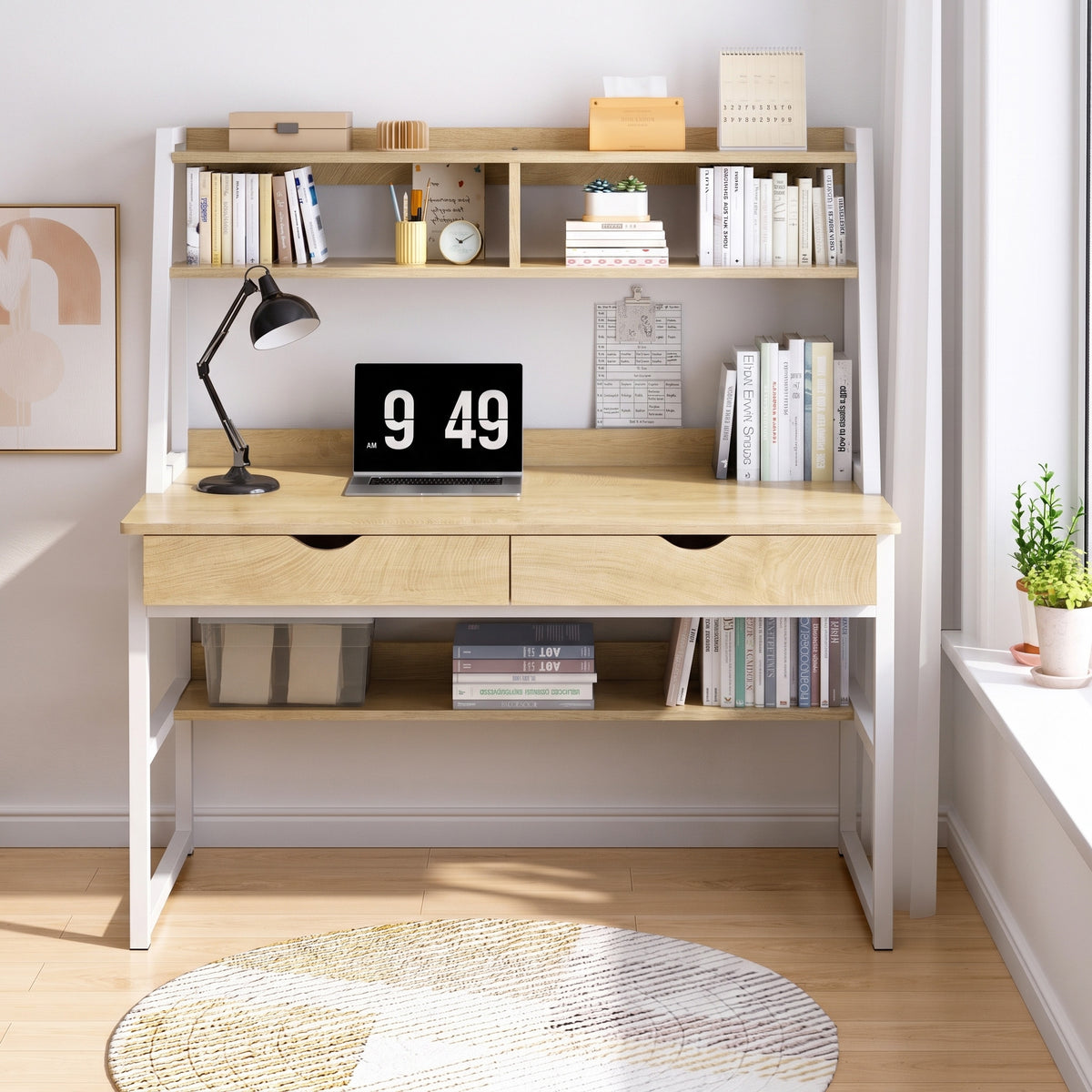 Spacious Office Computer Desk Workstation with Shelves and Drawers Oak & White