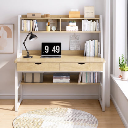 Spacious Office Computer Desk Workstation with Shelves and Drawers Oak & White