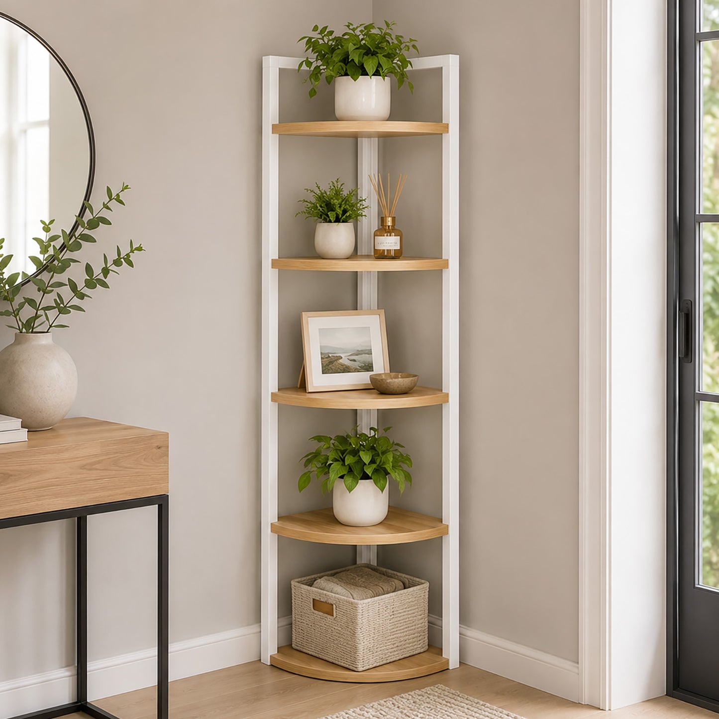 5 Tier Wood Steel Corner Shelf Organizer Storage Display Unit (Rustic Oak)