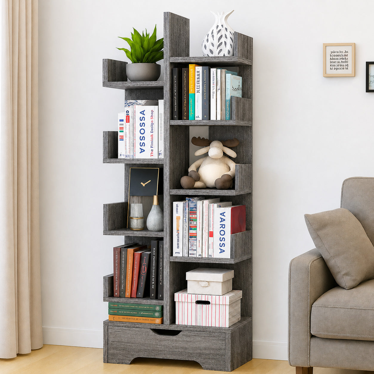 8-Tier 11-Shelf Display Storage Utility Bookcase for Home Office Rustic Grey