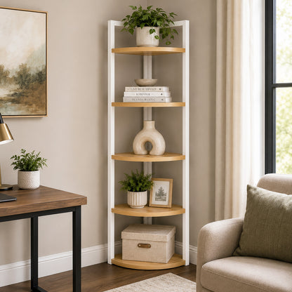 5 Tier Wood Steel Corner Shelf Organizer Storage Display Unit (Rustic Oak)