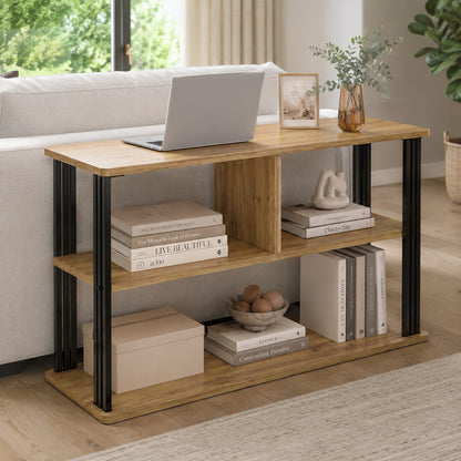 Stylish Oak Wood and Steel Sofa Side Table with Shelves