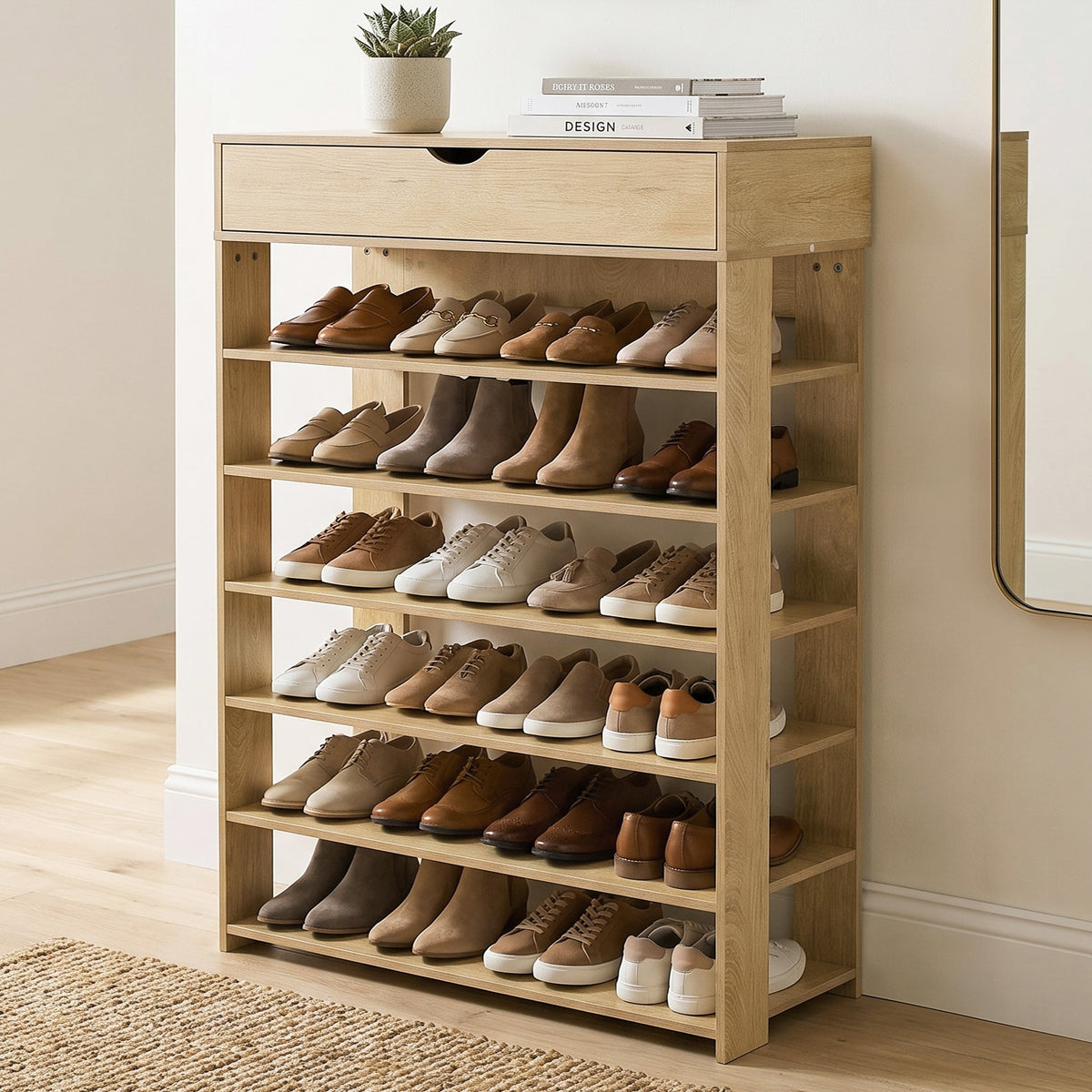 7-Tier Extra-Spacious Wooden Shoe Rack Organizer Shelf Cabinet - Natural Oak