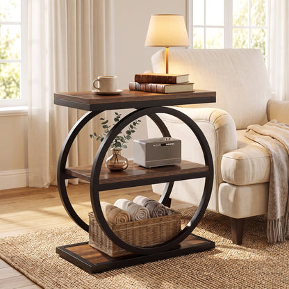 3-Tier Industrial Rustic Side End Table with Circular Steel Frame