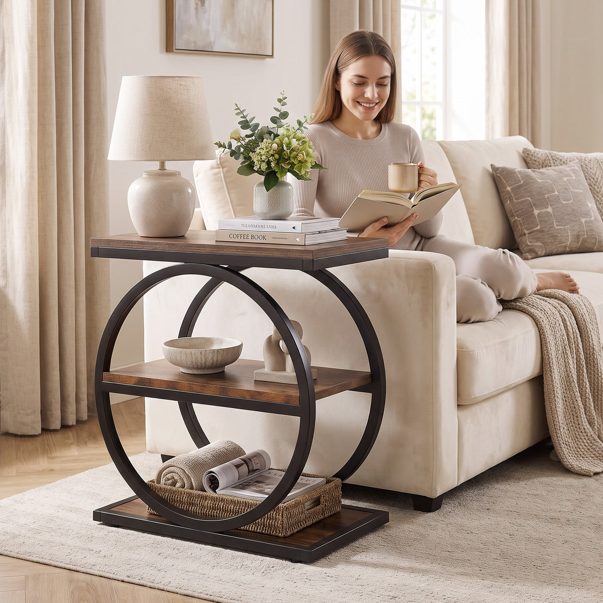 3-Tier Industrial Rustic Side End Table with Circular Steel Frame