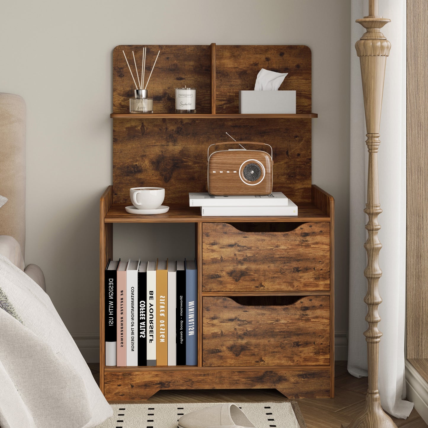 Tall Bed Side Table with Chest of Drawers and Shelf (Rustic Wood)