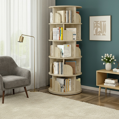 5 Tier Rotating Display Shelf Bookcase Organiser Coastal Oak