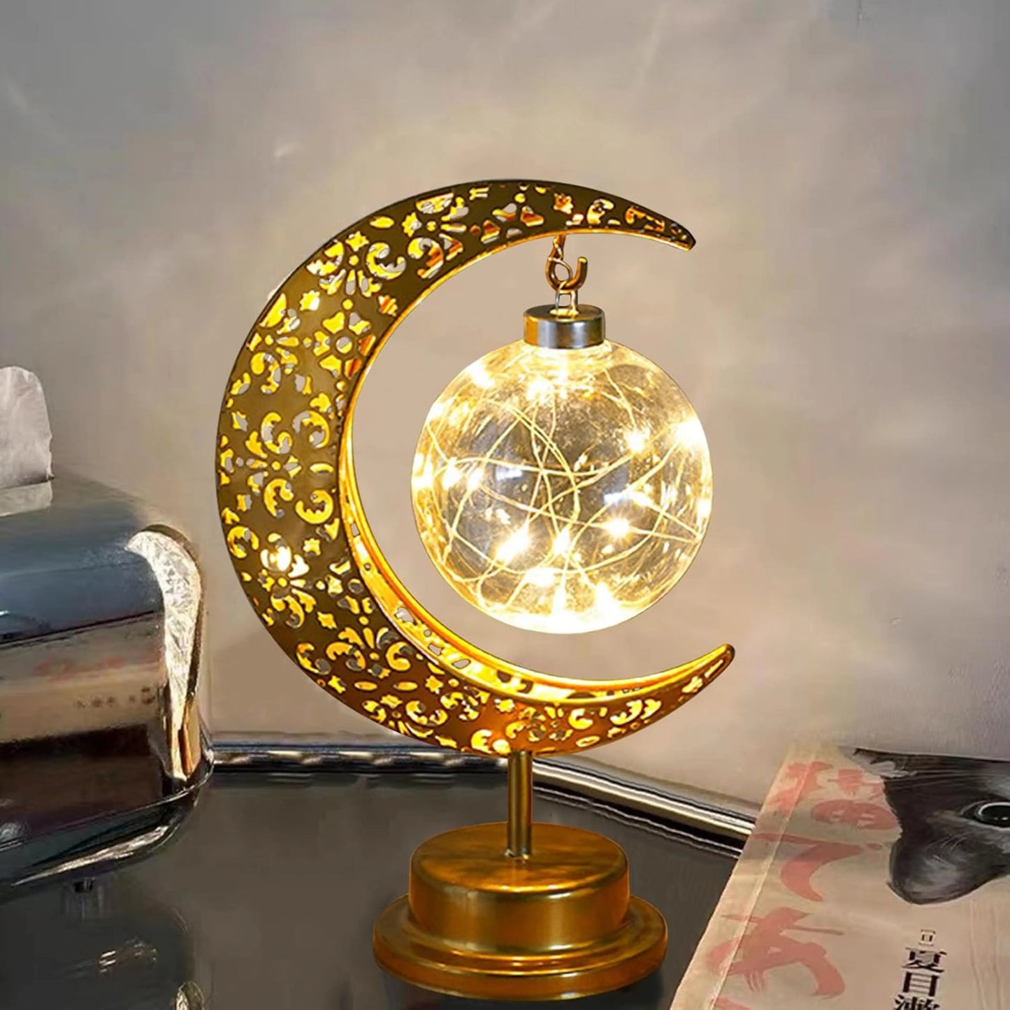 Golden Crescent Moon Globe LED Table Lamp Decorative Night Light