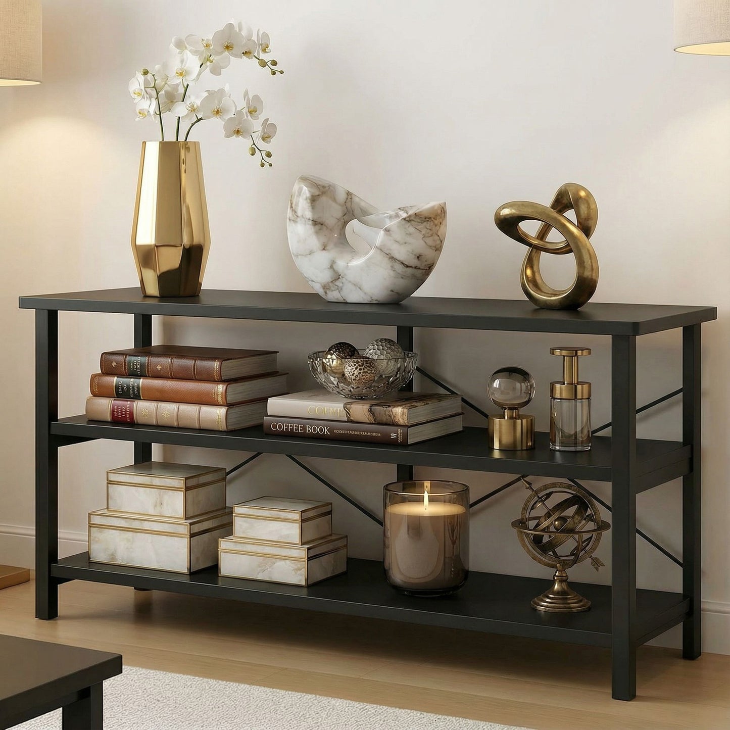 Industrial Console Table TV Stand Bookcase Storage Shelf Unit (Black)