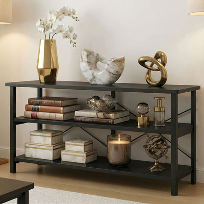 Industrial Console Table TV Stand Bookcase Storage Shelf Unit (Black)