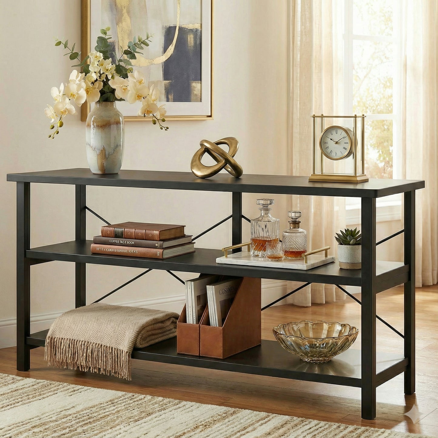 Industrial Console Table TV Stand Bookcase Storage Shelf Unit (Black)