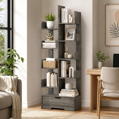 8-Tier 11-Shelf Display Storage Utility Bookcase for Home Office Rustic Grey