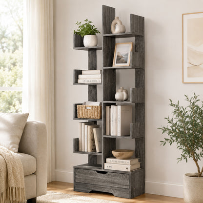 8-Tier 11-Shelf Display Storage Utility Bookcase for Home Office Rustic Grey