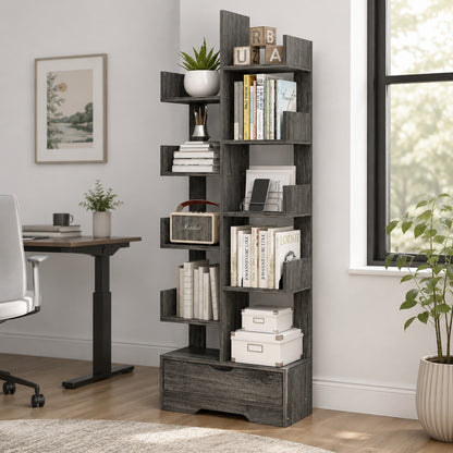 8-Tier 11-Shelf Display Storage Utility Bookcase for Home Office Rustic Grey