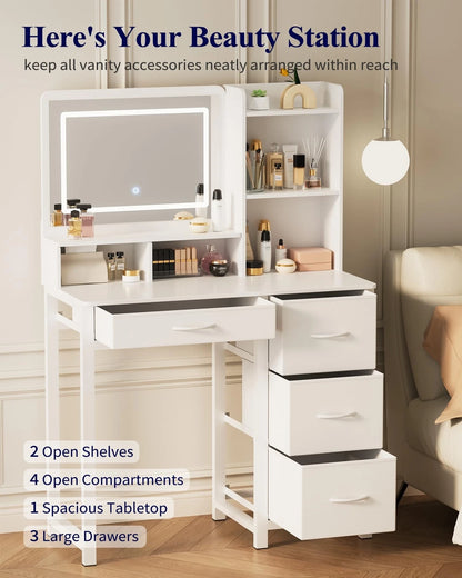 Deluxe LED Mirror Vanity Table with Mirror and Storage Drawers White