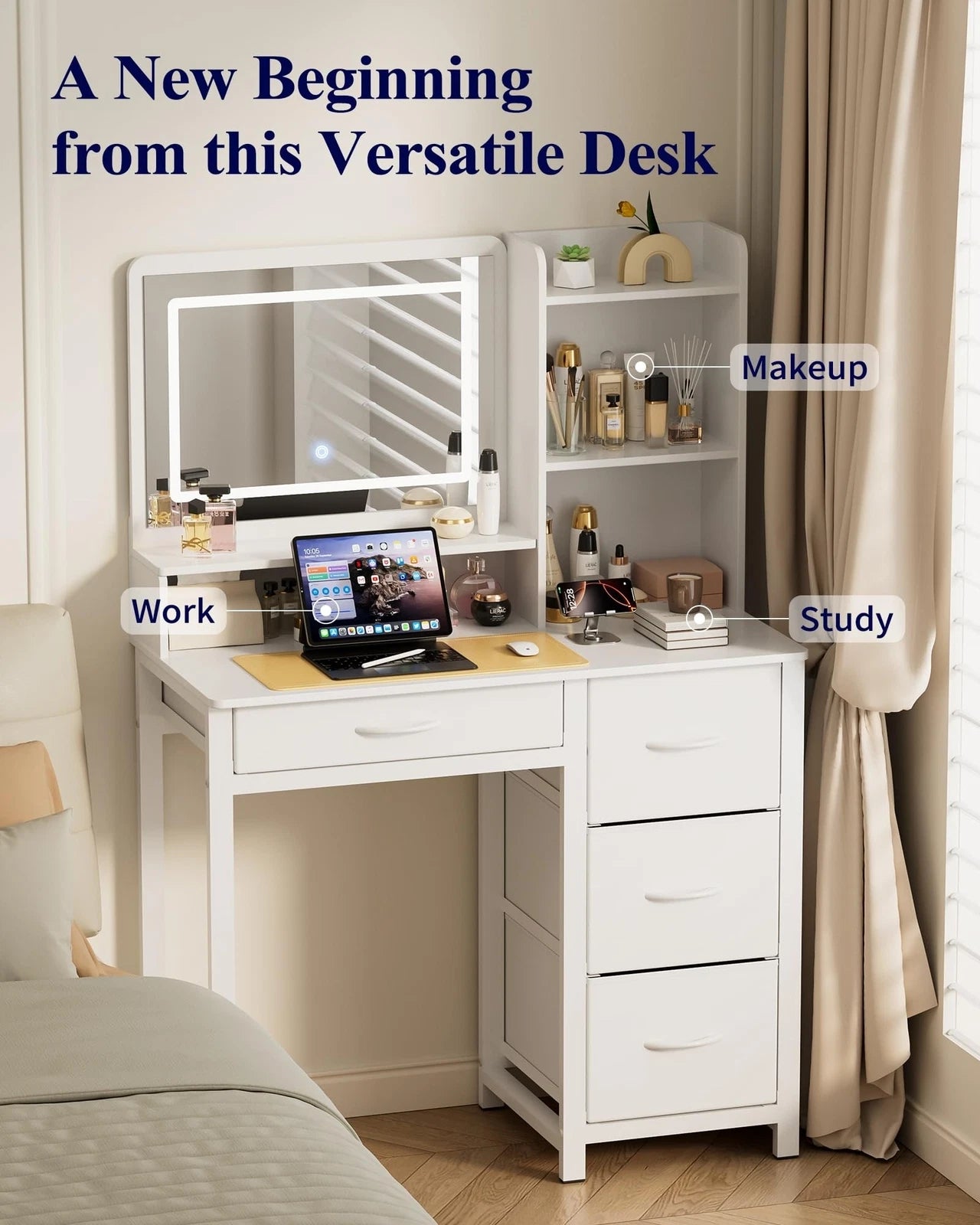 Deluxe LED Mirror Vanity Table with Mirror and Storage Drawers White