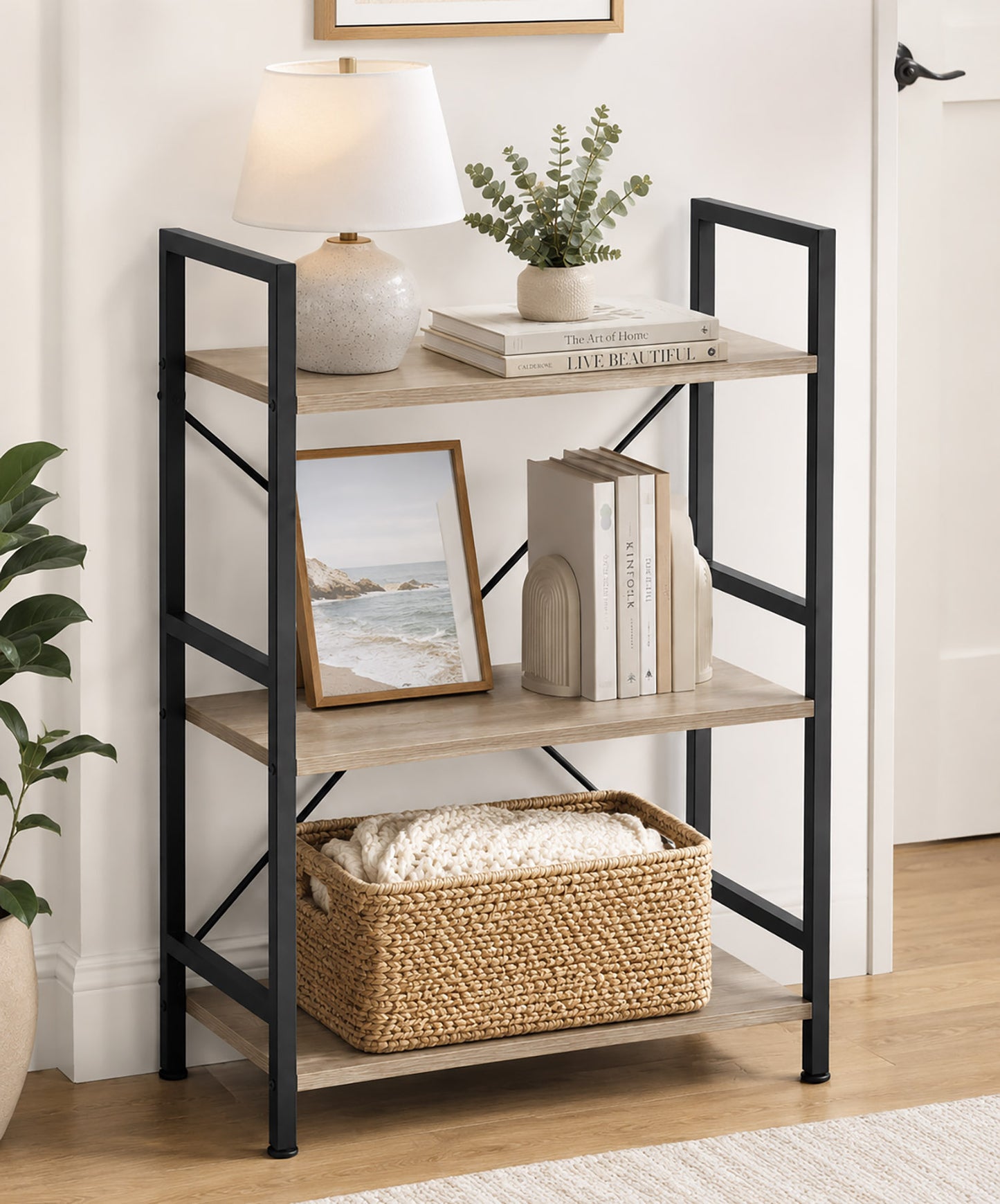 3-Tier Heavy Duty Wood Steel Bookshelf Storage Shelf Organizer (Coastal Oak)