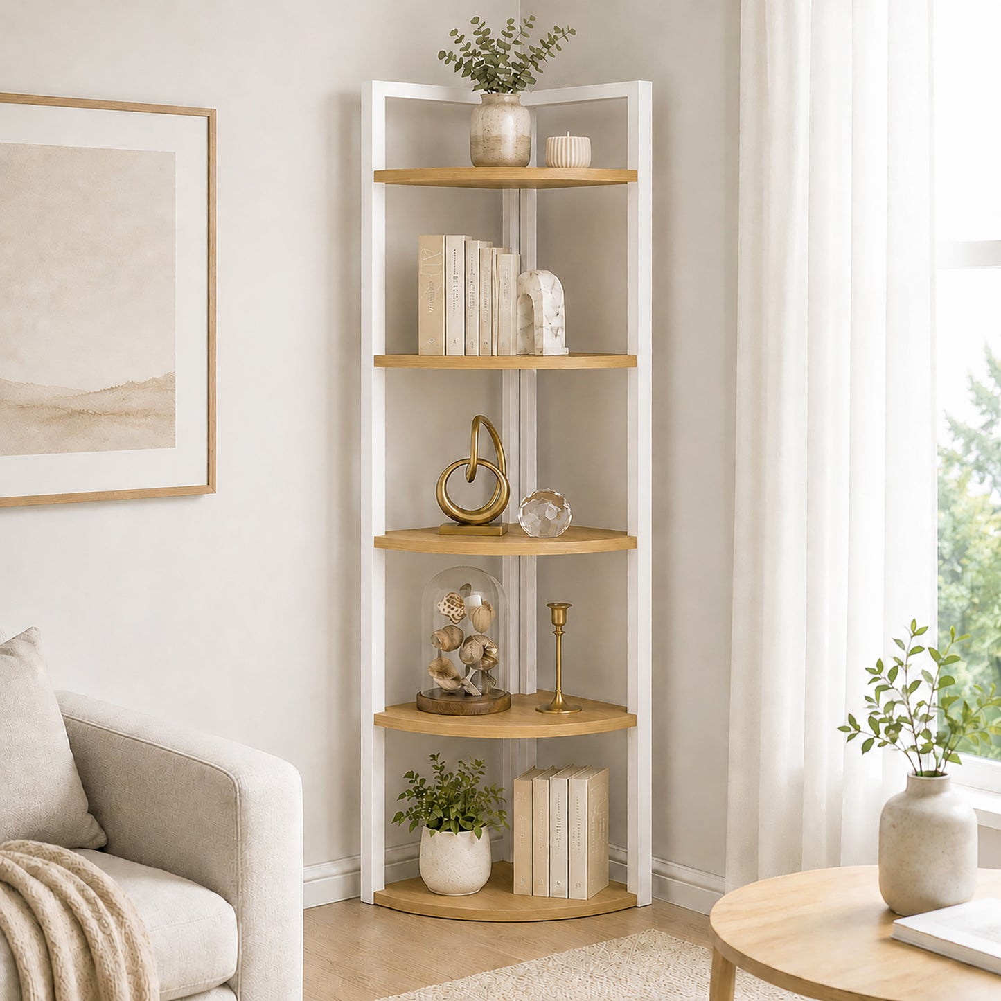 5 Tier Wood Steel Corner Shelf Organizer Storage Display Unit (Rustic Oak)