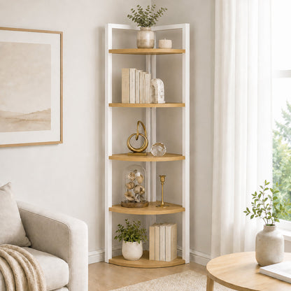 5 Tier Wood Steel Corner Shelf Organizer Storage Display Unit (Rustic Oak)