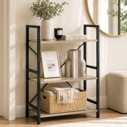 3-Tier Heavy Duty Wood Steel Bookshelf Storage Shelf Organizer (Coastal Oak)