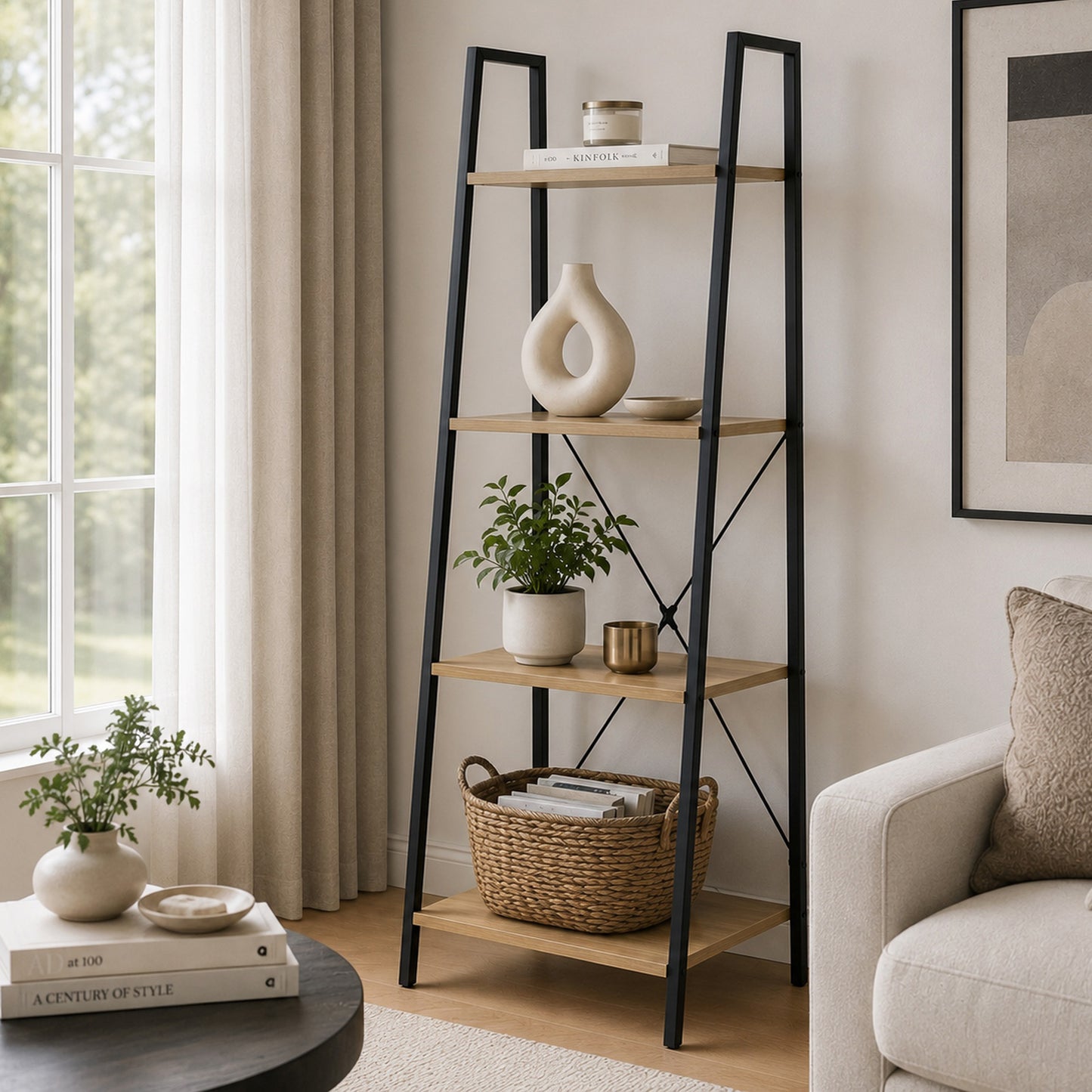 Rustic Oak Ladder Shelf Four Tier Wood Metal Bookshelf Storage Display Unit