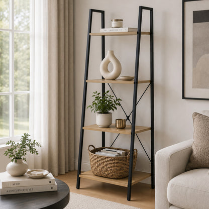 Rustic Oak Ladder Shelf Four Tier Wood Metal Bookshelf Storage Display Unit