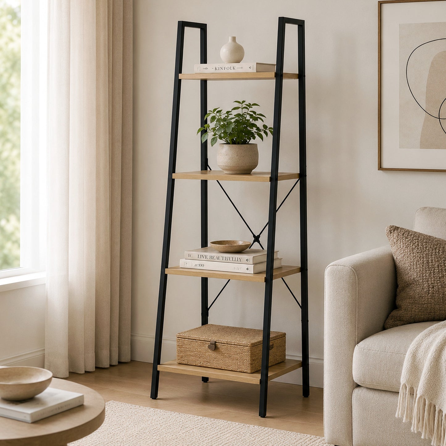 Rustic Oak Ladder Shelf Four Tier Wood Metal Bookshelf Storage Display Unit