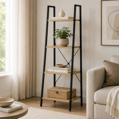 Rustic Oak Ladder Shelf Four Tier Wood Metal Bookshelf Storage Display Unit
