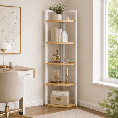 5 Tier Wood Steel Corner Shelf Organizer Storage Display Unit (Rustic Oak)