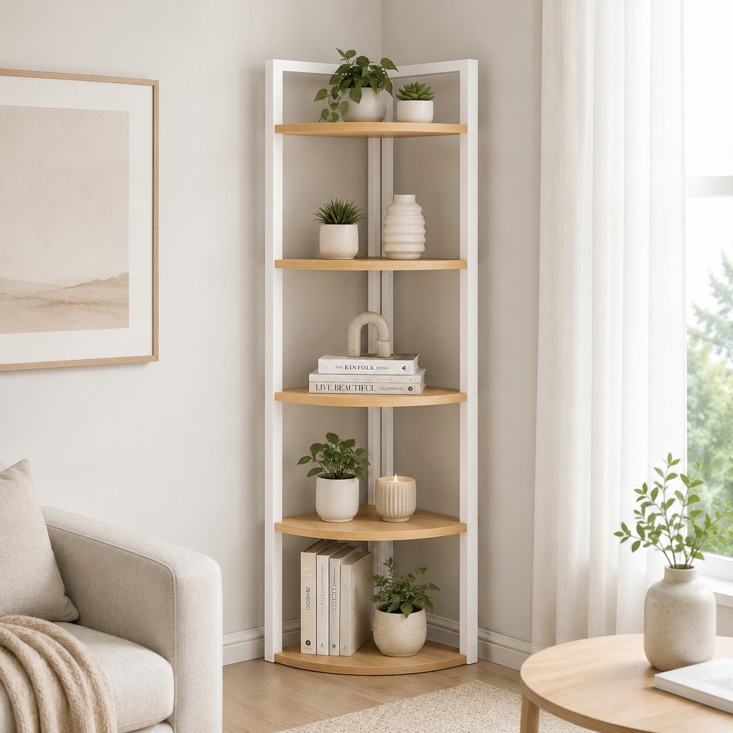 5 Tier Wood Steel Corner Shelf Organizer Storage Display Unit (Rustic Oak)