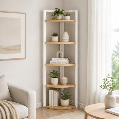 5 Tier Wood Steel Corner Shelf Organizer Storage Display Unit (Rustic Oak)