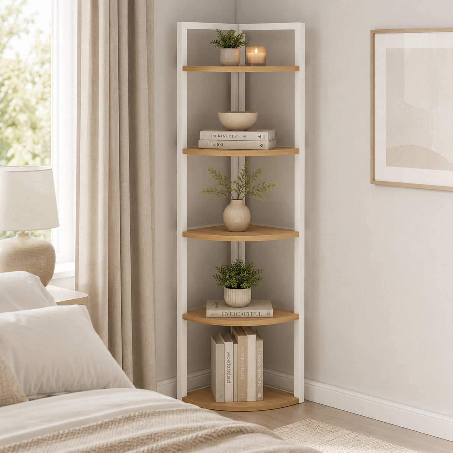 5 Tier Wood Steel Corner Shelf Organizer Storage Display Unit (Rustic Oak)