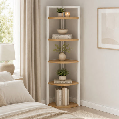 5 Tier Wood Steel Corner Shelf Organizer Storage Display Unit (Rustic Oak)
