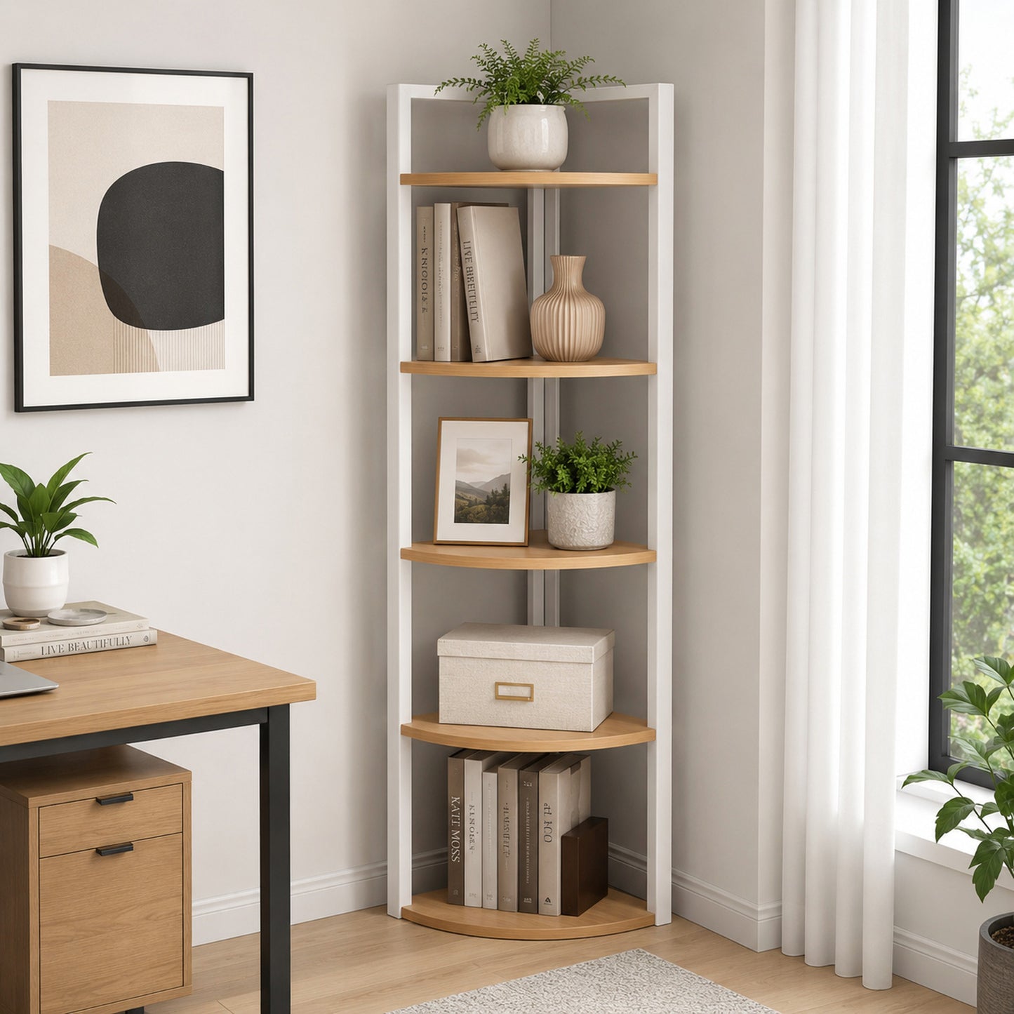 5 Tier Wood Steel Corner Shelf Organizer Storage Display Unit (Rustic Oak)