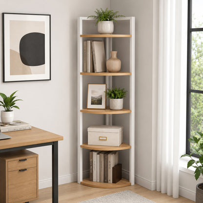 5 Tier Wood Steel Corner Shelf Organizer Storage Display Unit (Rustic Oak)