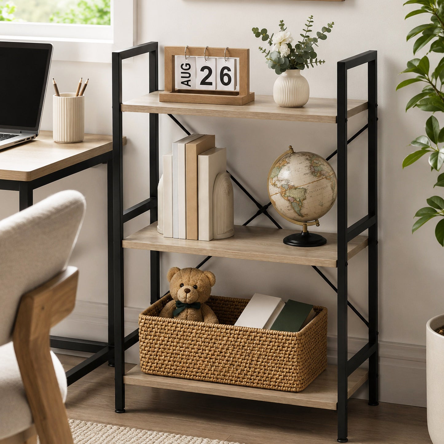 3-Tier Heavy Duty Wood Steel Bookshelf Storage Shelf Organizer (Coastal Oak)