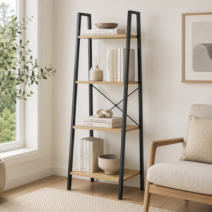 Rustic Oak Ladder Shelf Four Tier Wood Metal Bookshelf Storage Display Unit