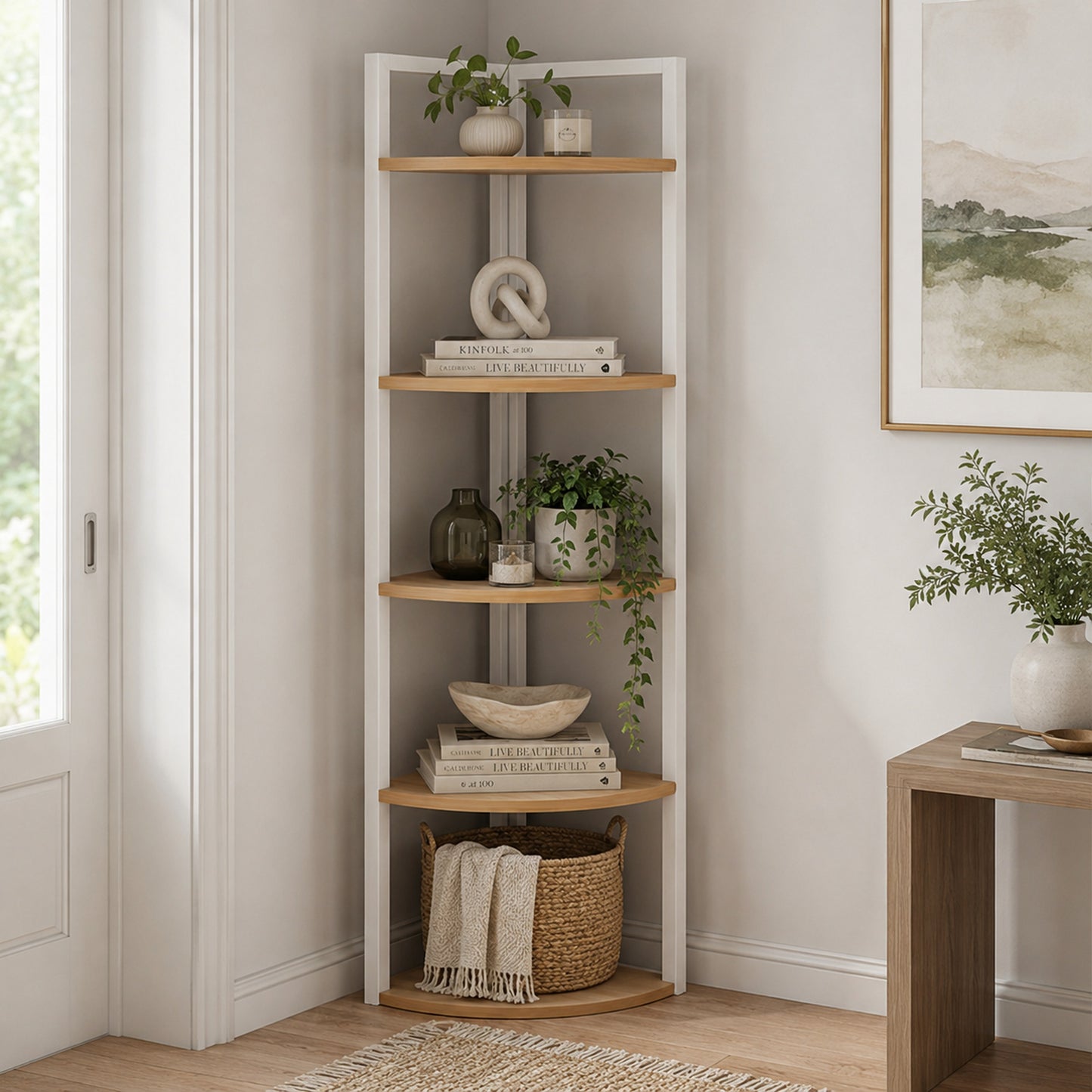 5 Tier Wood Steel Corner Shelf Organizer Storage Display Unit (Rustic Oak)